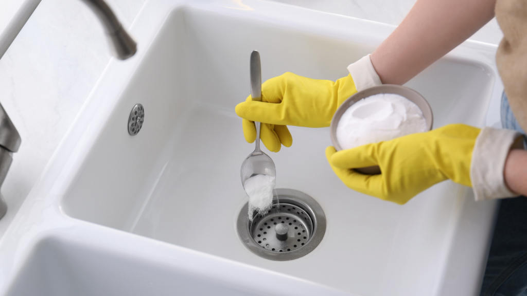 Hands with gloves using baking soda to clean sink