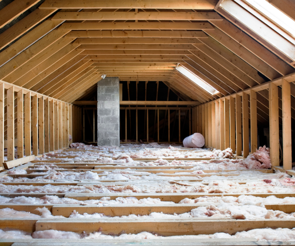 rolls of attic insulation in unfinished attic