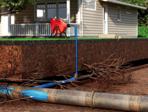 Graphic of the trenchless pipe repair process below a home